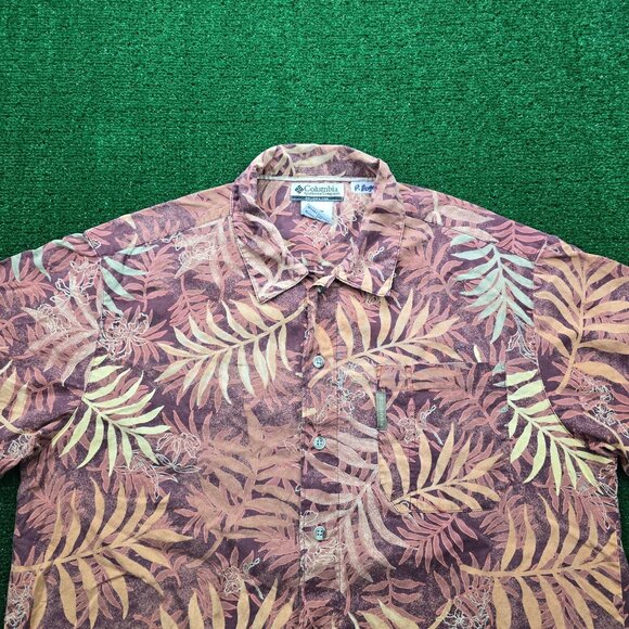 Columbia Shirt Mens Medium/Large Red Orange Floral Leaf‎ Vintage Hawaiian Beach - Picture 2 of 9